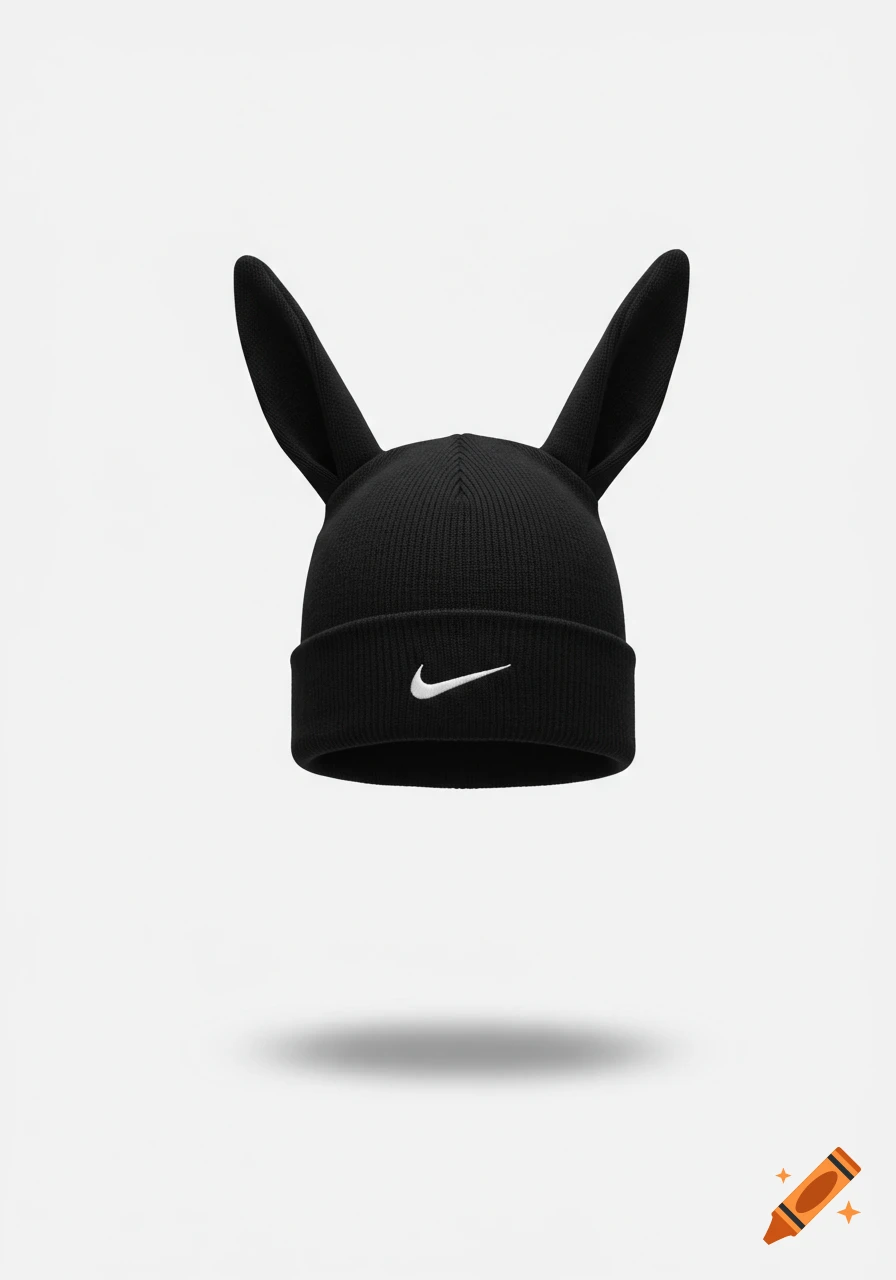 A black Nike beanie with two tall bunny ears, floating slightly above a white background with a shadow below it.