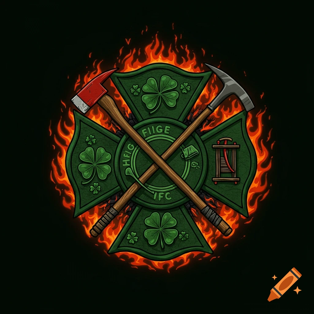 A vibrant green Maltese cross emblem surrounded by orange flames. Two axes cross over the center, which features shamrocks and firefighter tools. Black background.