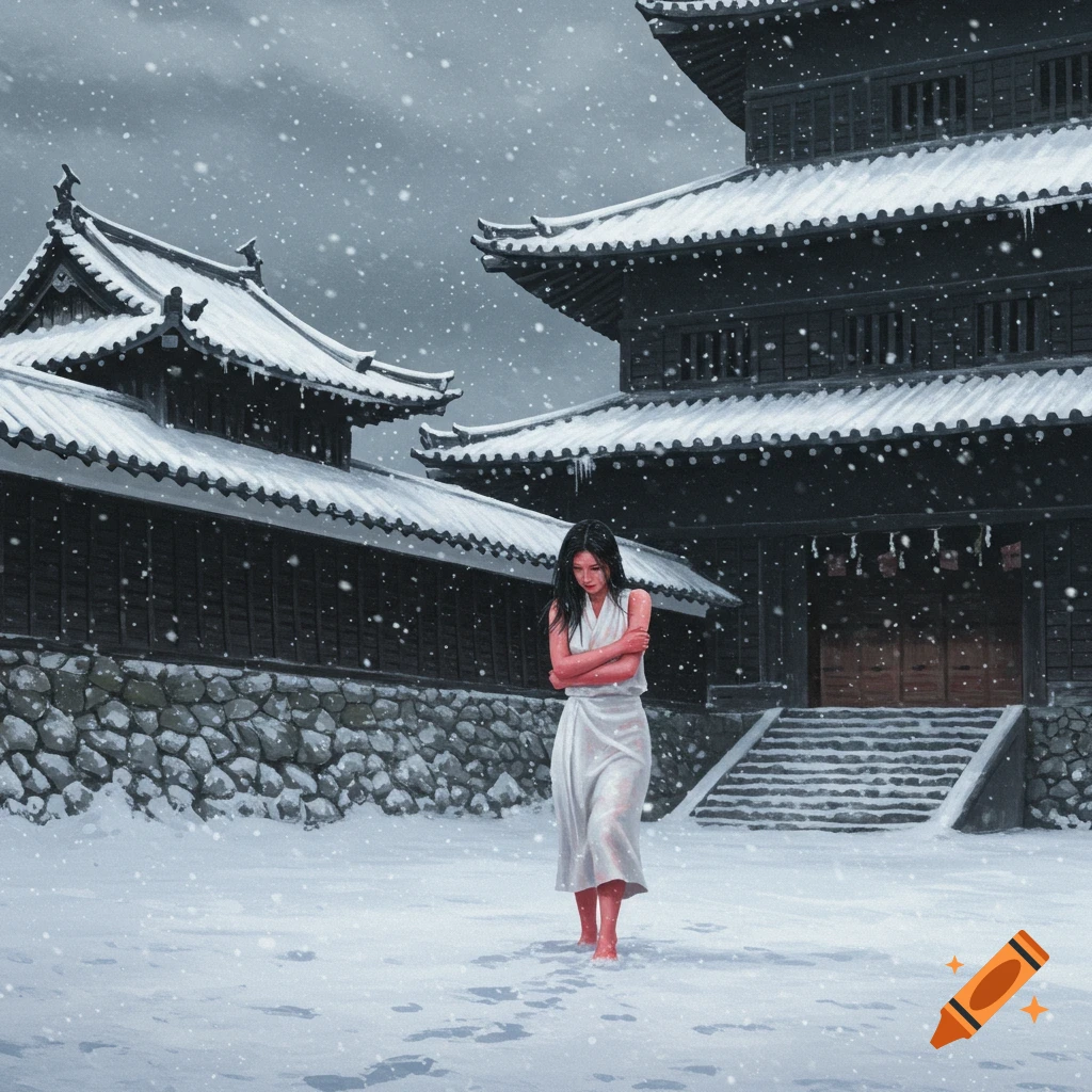 A realistic painting of a barefoot Japanese priestess in a thin white yukata, hugging herself for warmth as she walks through snowy castle grounds.