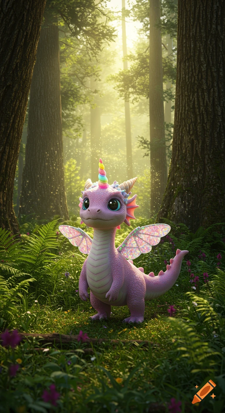A cute, pink, cartoon-style dragon with a rainbow unicorn horn and sparkling wings stands in a sun-dappled tall forest with ferns.