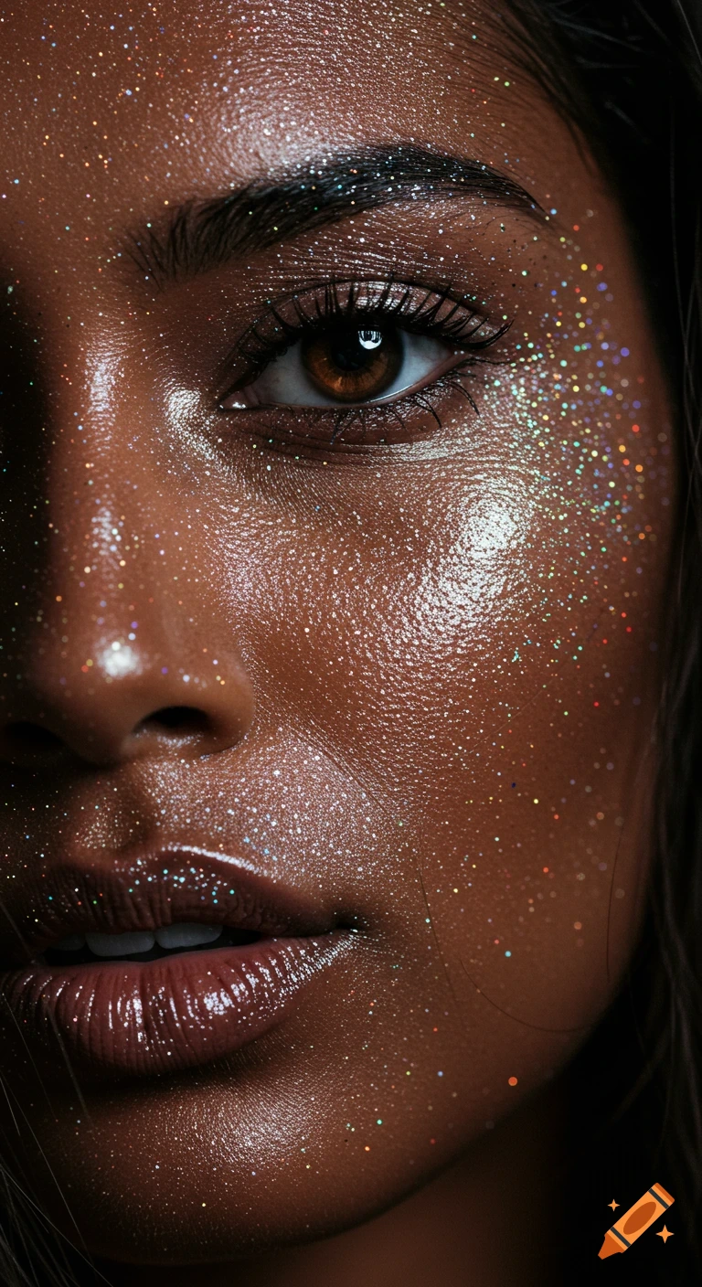 Extreme close-up, photorealistic portrait of a woman with tan skin, brown eye, and glossy lips, her face covered in colorful glitter.