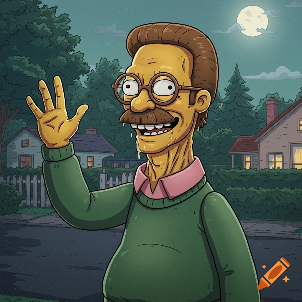 A gaunt, drooling Ned Flanders with a mustache and glasses waves in front of suburban houses at night, in a cartoon style.