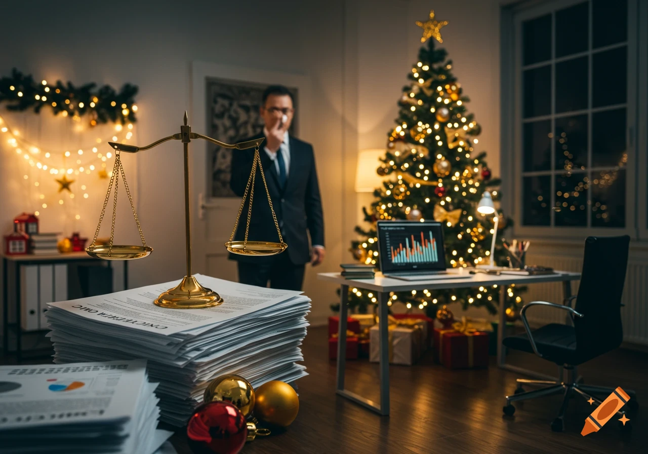 A man in a suit stands in a Christmas-decorated office with legal scales, documents, and a laptop on a desk. Photorealistic.