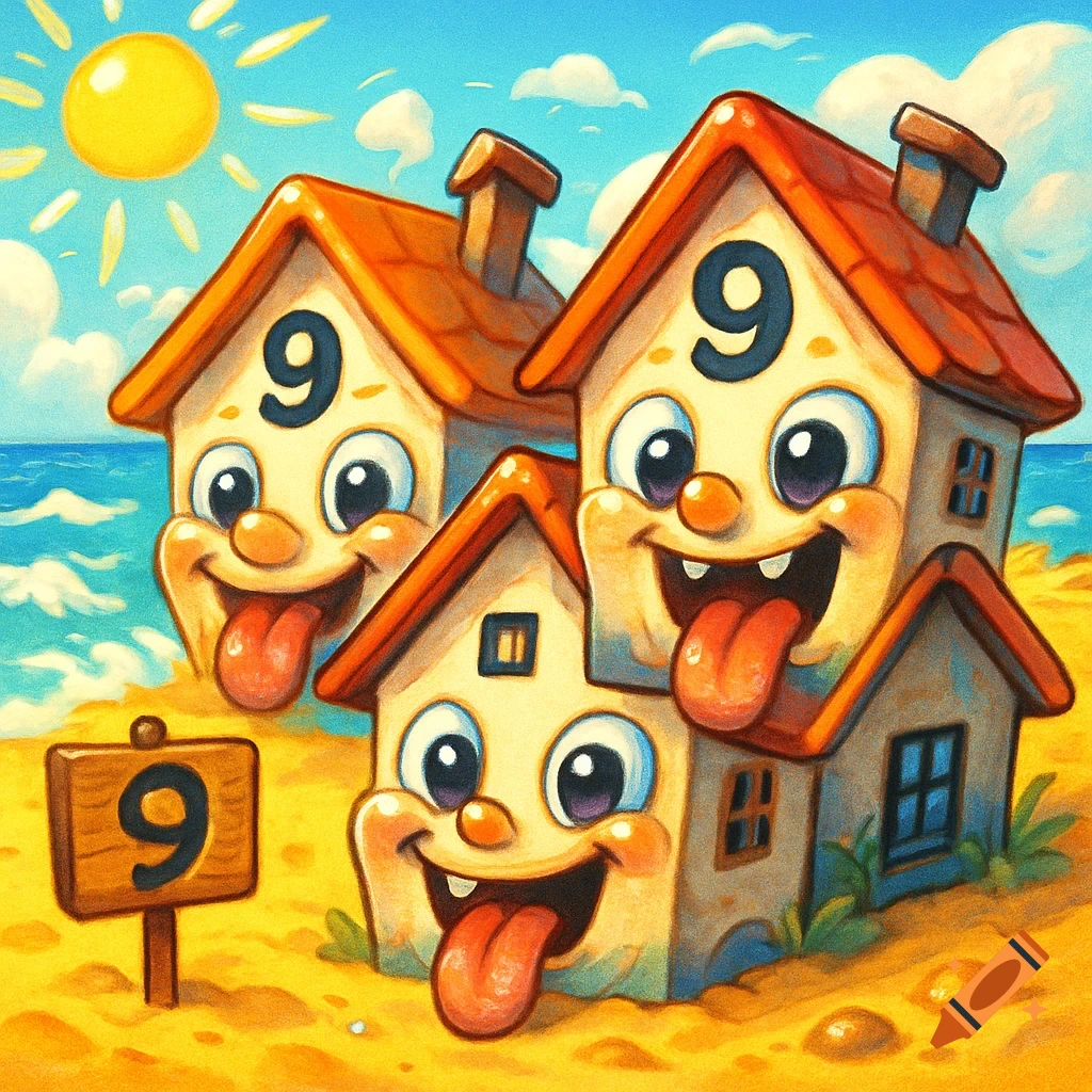 Three cartoon houses with smiling faces, long tongues, and the number 9, on a sunny sandy beach with a small wooden sign also displaying a 9.