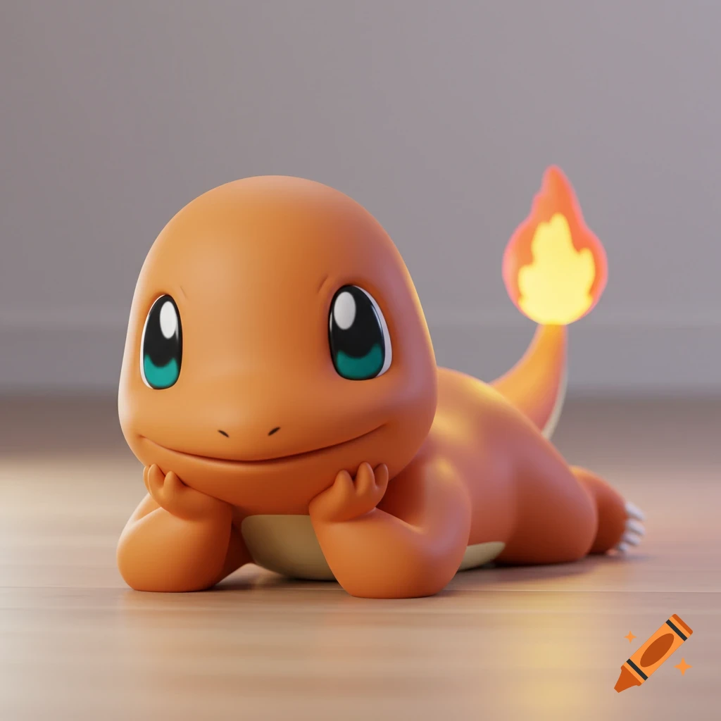A cute 3D rendered Charmander lies on its belly, chin in hands, smiling with glowing tail flame.