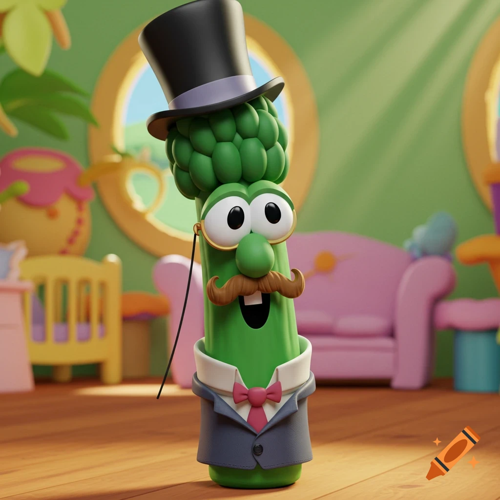 A 3D animated Archibald Asparagus wearing a top hat, monocle, mustache, suit, and bow tie stands in a bright, colorful room.