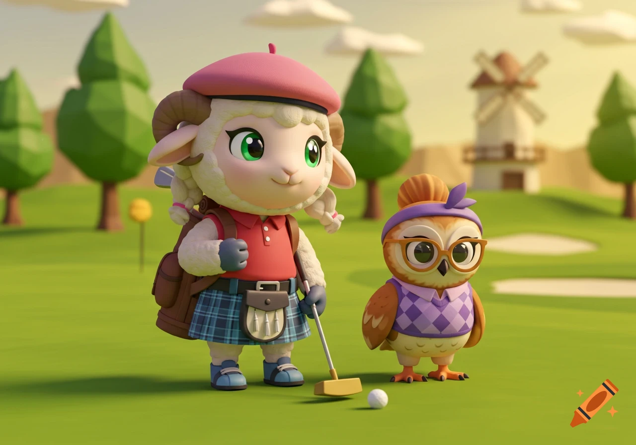 A cute chibi lamb in a kilt and beret holds a golf putter next to a small owl on a low-poly golf course.