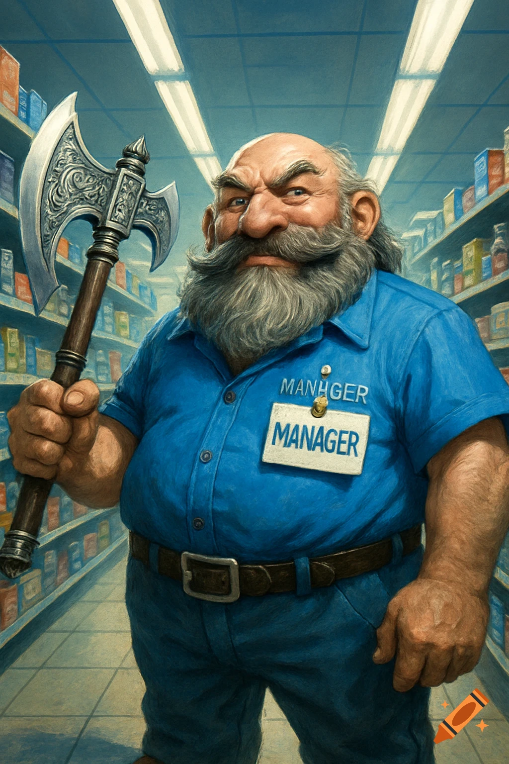 A stylized, burly dwarf man with a large grey beard and mustache wears a blue 'MANAGER' uniform, holding a battle axe in a supermarket aisle.