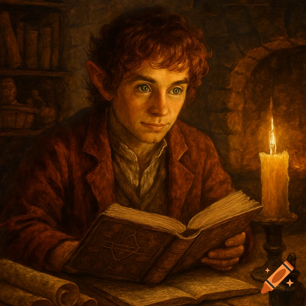 A hobbit with auburn hair and green eyes, wearing a red-brown robe, studies an ancient tome by candlelight in a dark, cozy room.