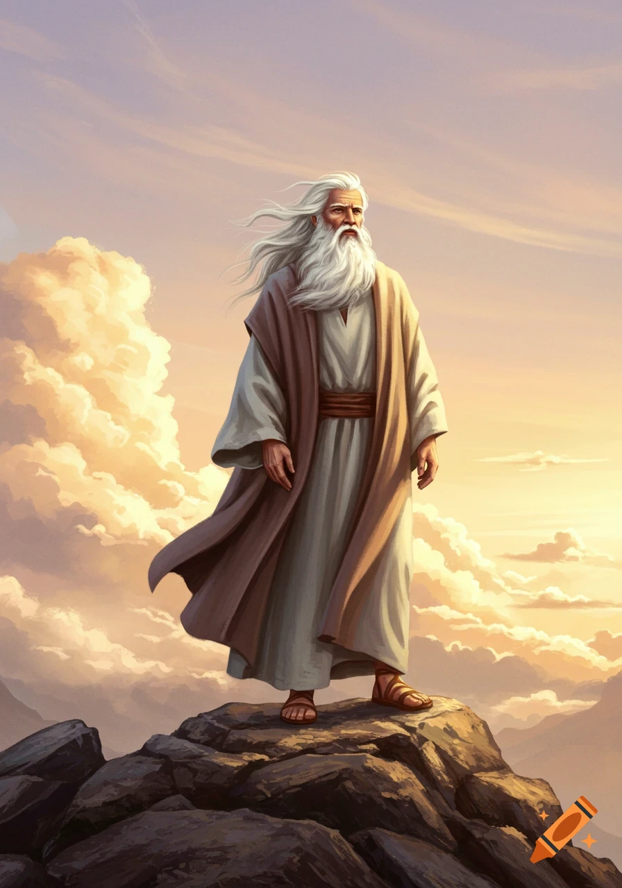 Illustrated old man with long white hair and beard in robes standing on a rocky peak against a cloudy sunset sky.