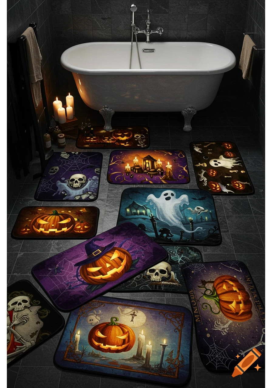 A dark bathroom featuring a white clawfoot tub and multiple Halloween-themed bath mats with pumpkins, ghosts, and skulls.