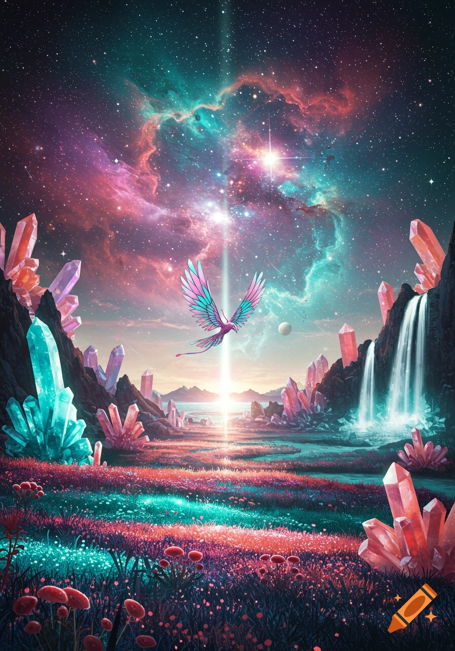 Vibrant fantasy landscape with large colorful crystals, waterfalls, a field of glowing flowers, and a majestic bird under a cosmic sky.