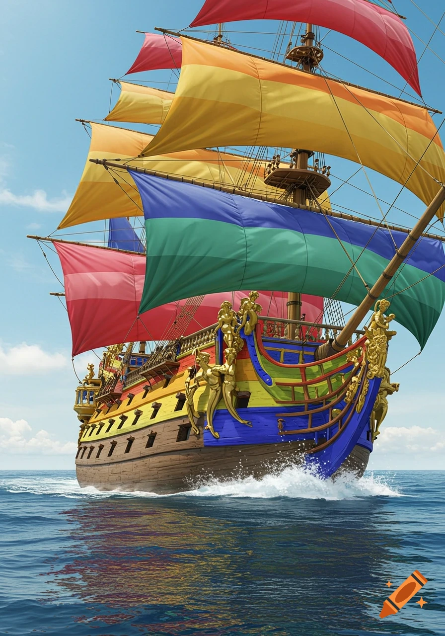 An ornate warship with rainbow-colored sails and hull cruises on a blue ocean under a clear sky.
