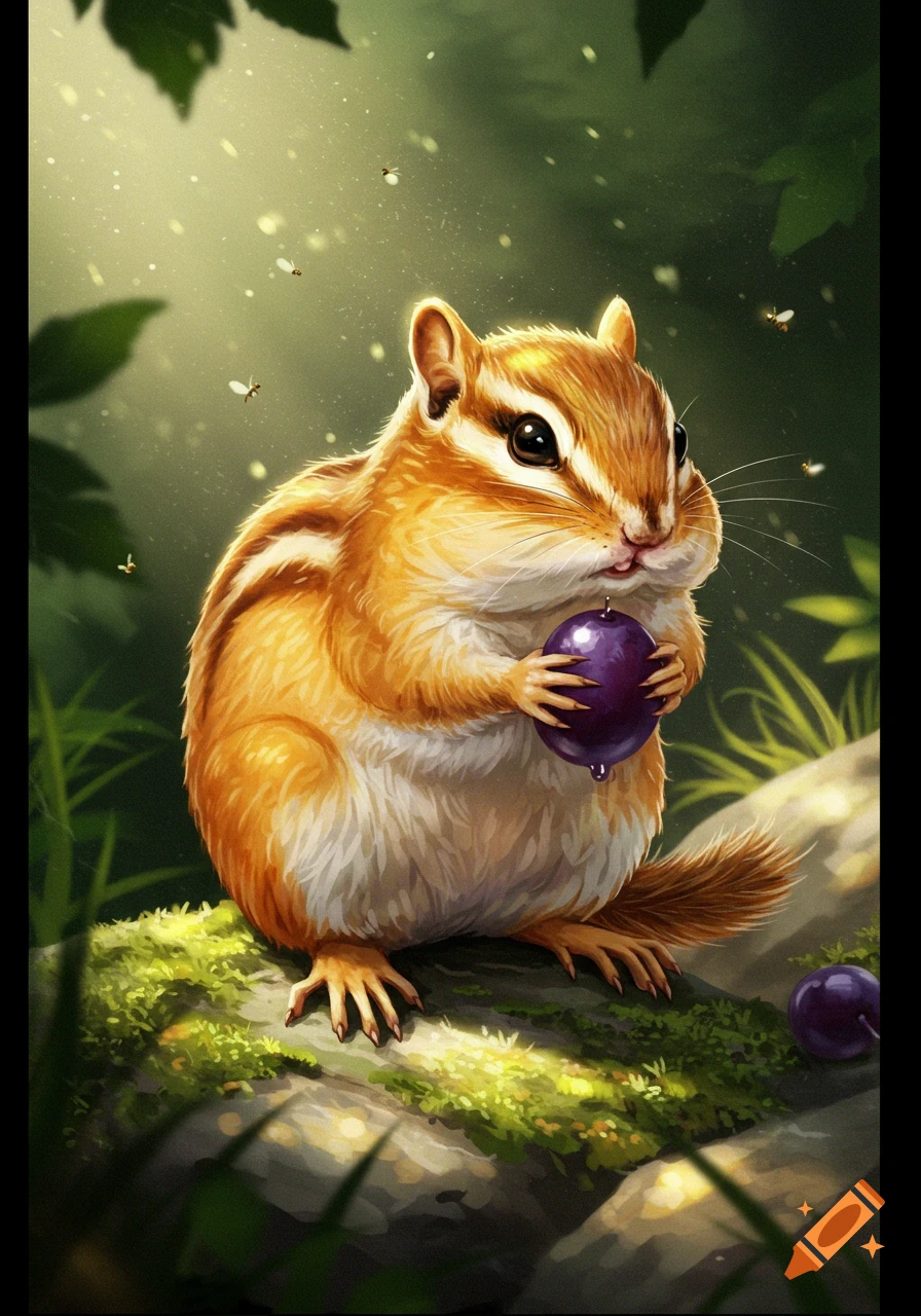 A cute, fluffy chipmunk with striped fur holds a plump purple grape while sitting on a mossy log in a sun-dappled forest.