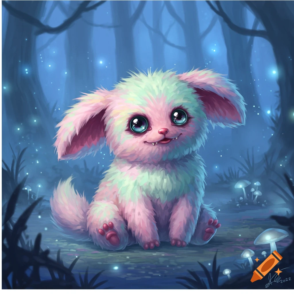 A cute, fluffy, pastel-colored creature with large blue eyes and tiny fangs sits in a glowing, mystical blue forest with mushrooms.