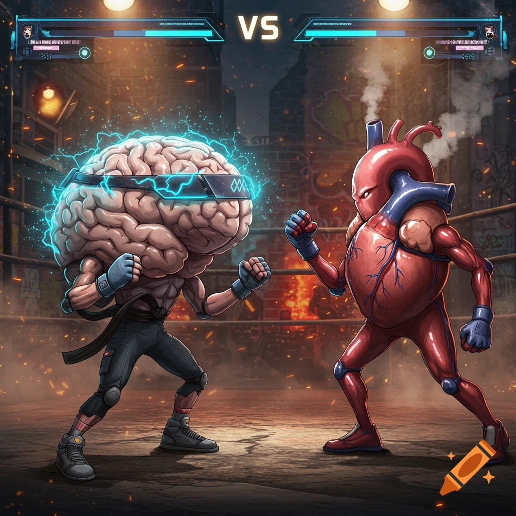 A cartoon brain character with a glowing visor battles a heart character in a stylized street fighter style boxing ring.