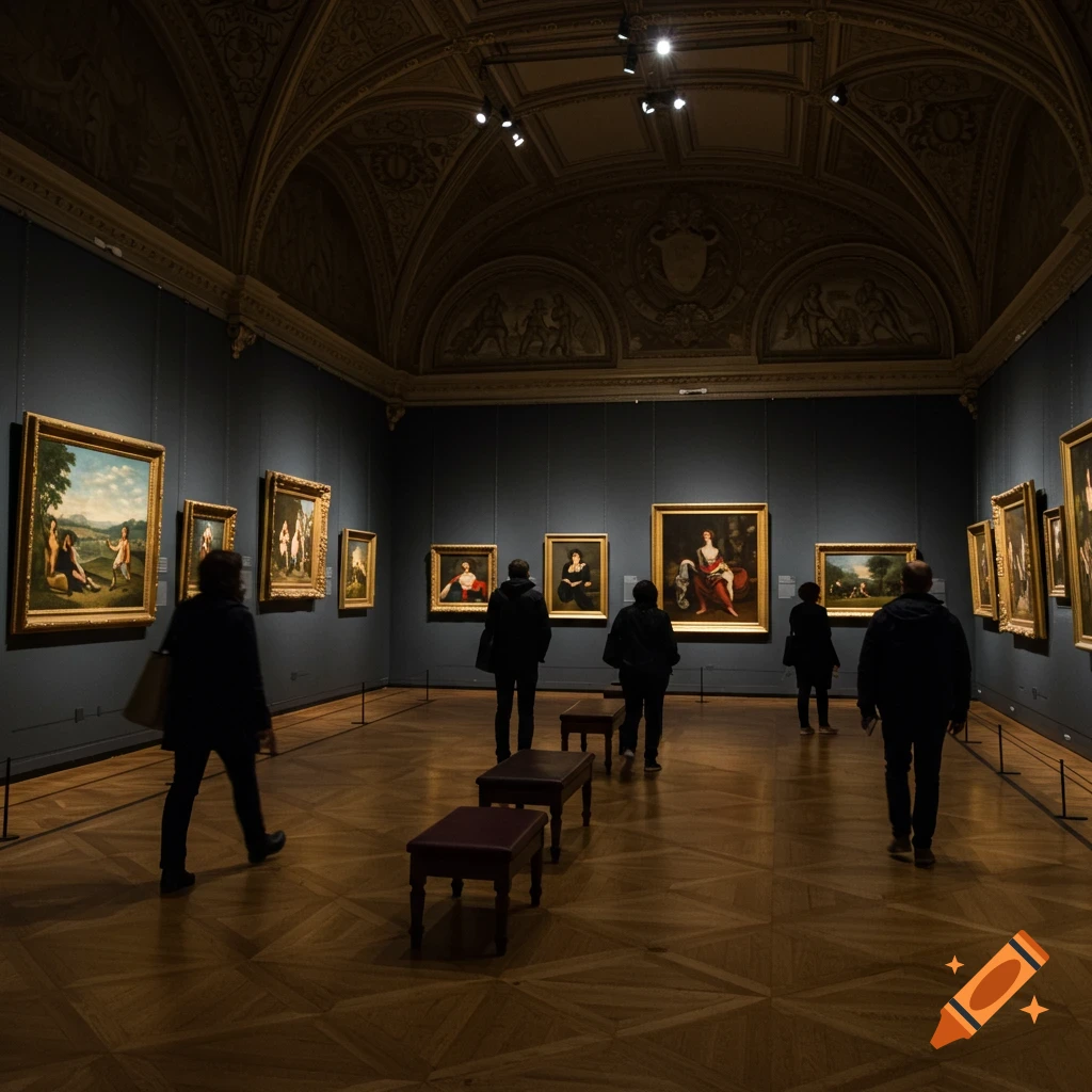 People view paintings in an ornate art gallery with dark walls and a patterned wooden floor.