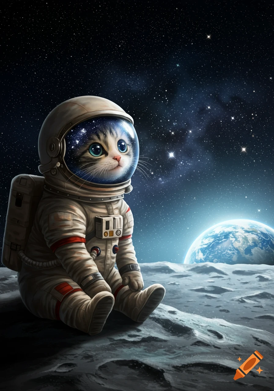 A cute tabby cat in an astronaut suit sits on the moon, gazing at a glowing Earth and starry sky.