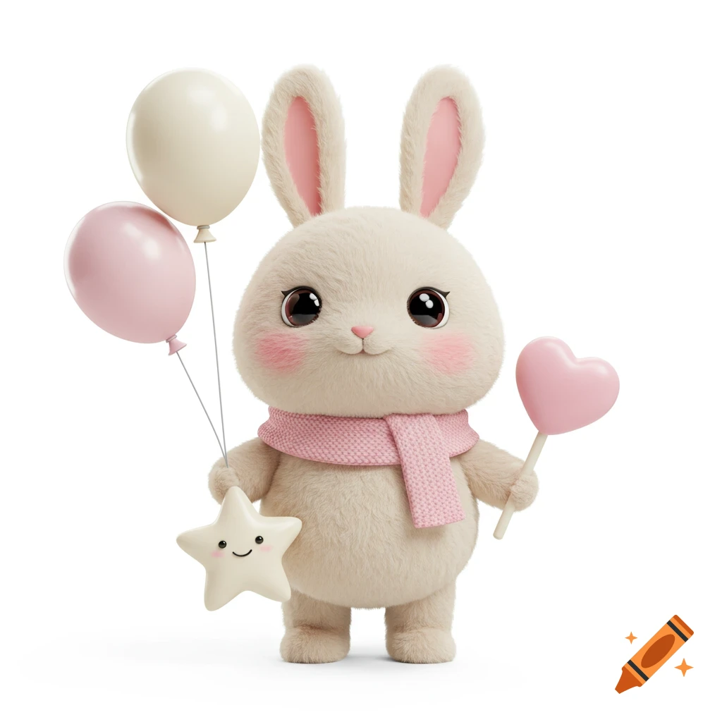 A cute 3D cartoon bunny with big sparkling eyes, rosy cheeks, and a pink scarf, holding pastel balloons, a smiling star, and a heart lollipop.