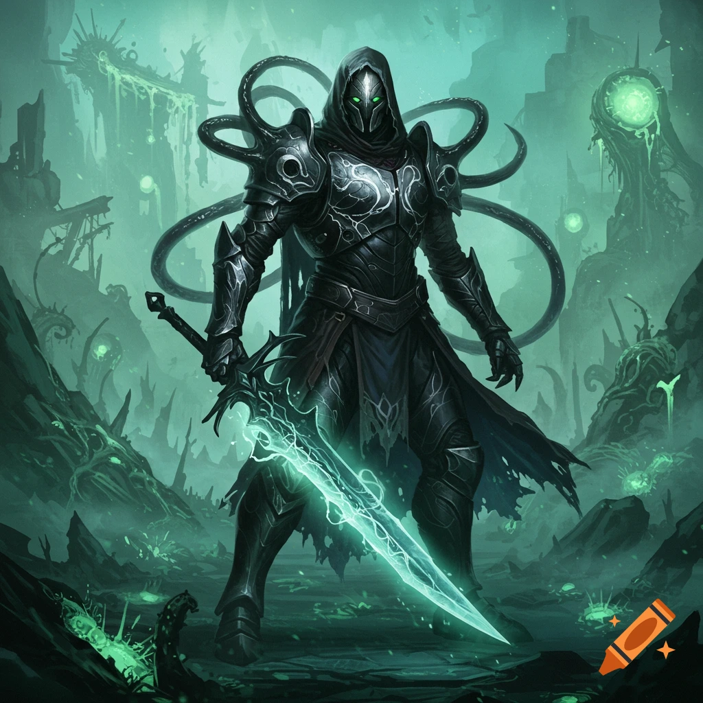 Dark armored knight with glowing green eyes and sword stands in a corrupted, green-lit alien landscape.