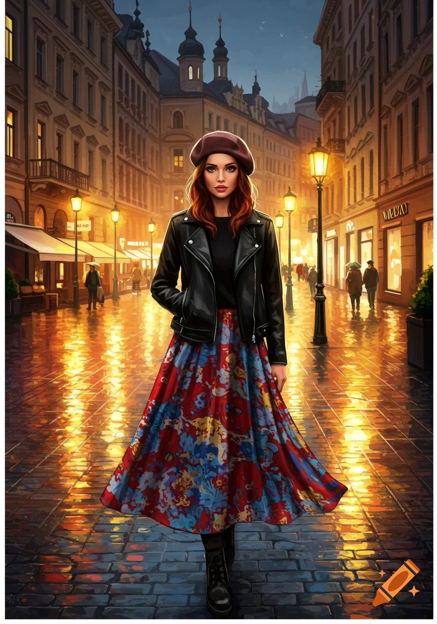 A woman in a leather jacket and colorful maxi skirt stands on a wet, lamp-lit city street at night in an illustrative style.