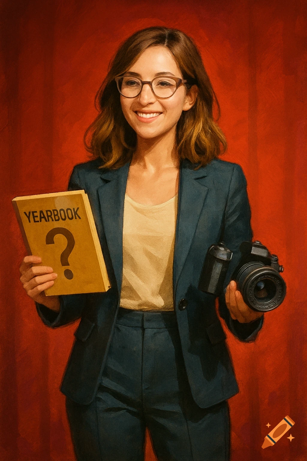 A smiling woman wearing glasses and a suit holds a yearbook and a camera against a red background in a painterly style.