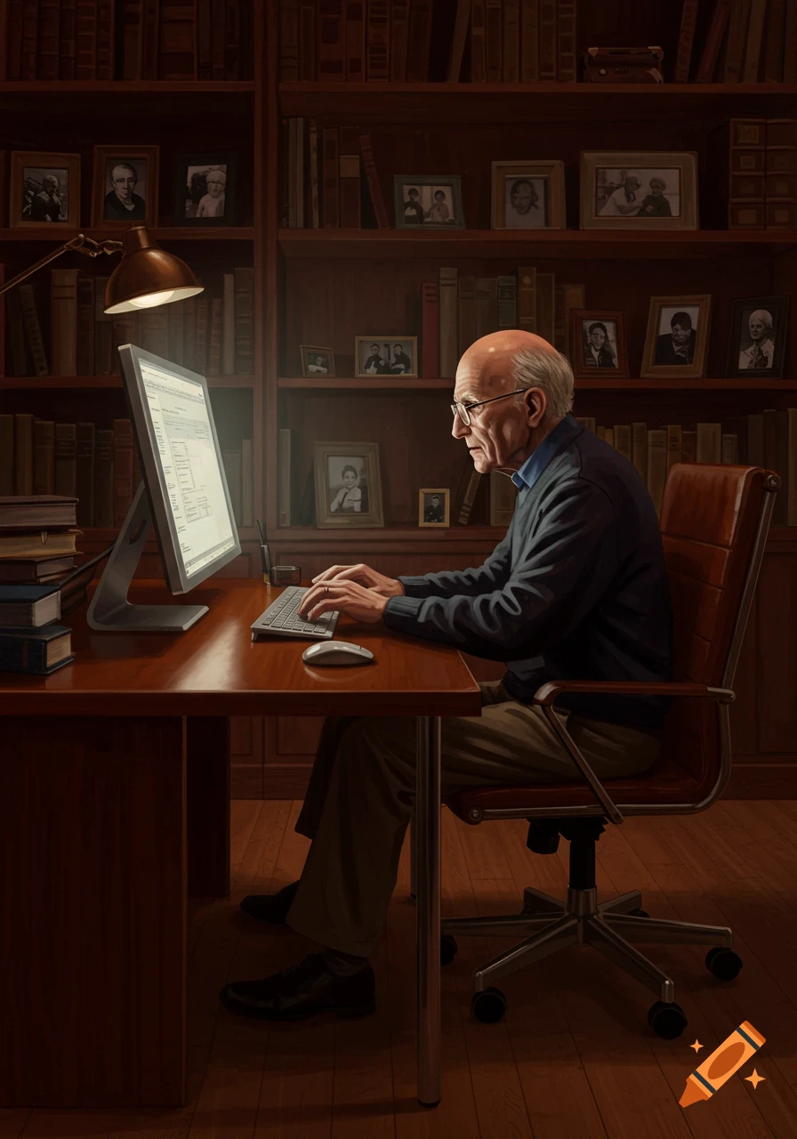 An old bald man wearing glasses sits at a wooden desk in a dimly lit library, typing on a computer keyboard.