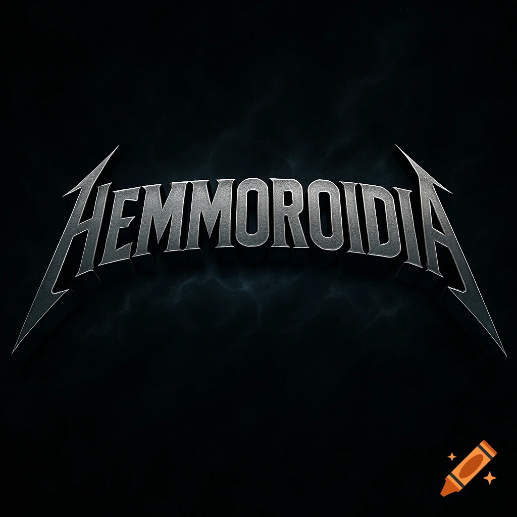 The word HEMMOROIDIA in a metallic, jagged font reminiscent of the Metallica logo, against a dark, stormy background.