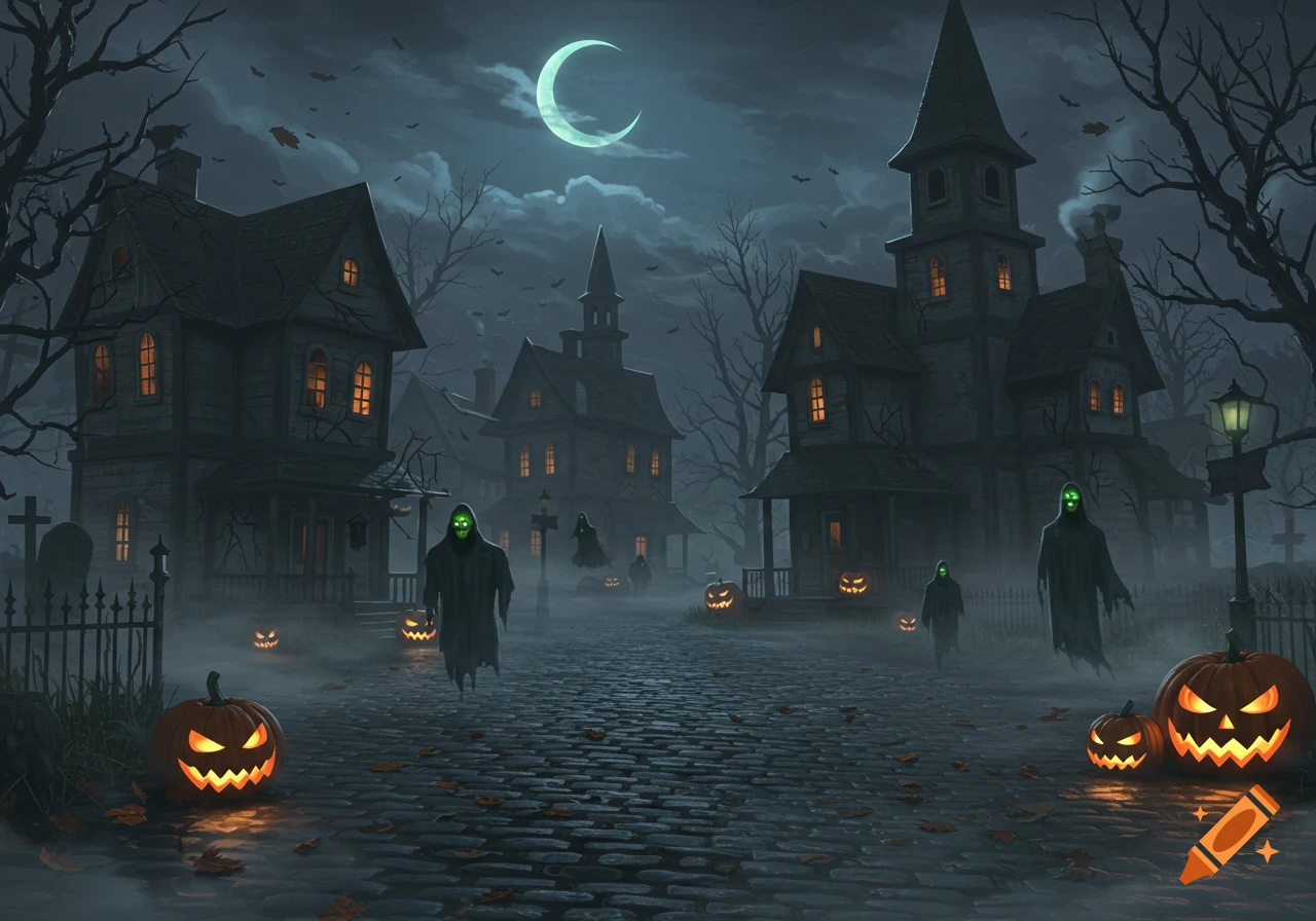 A dark, spooky Halloween street with haunted houses, glowing ghosts, and jack-o'-lanterns under a crescent moon.