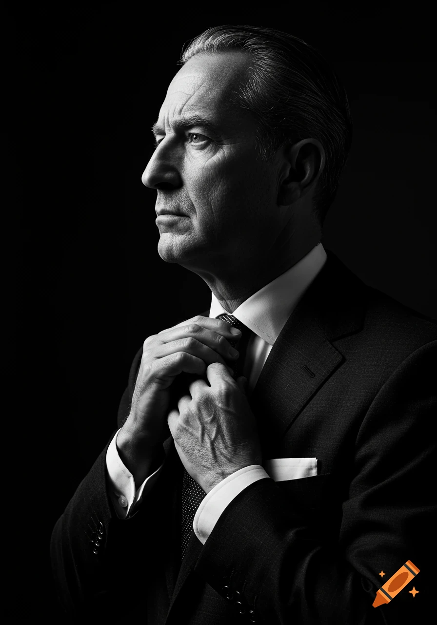 Cinematic black and white portrait of a distinguished man in a tailored suit, adjusting his tie under strong side lighting.