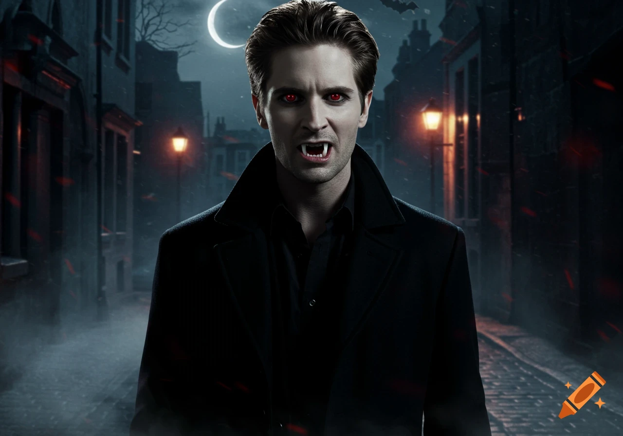 Photorealistic male vampire with red eyes and fangs on a dark, moonlit cobblestone street at night.