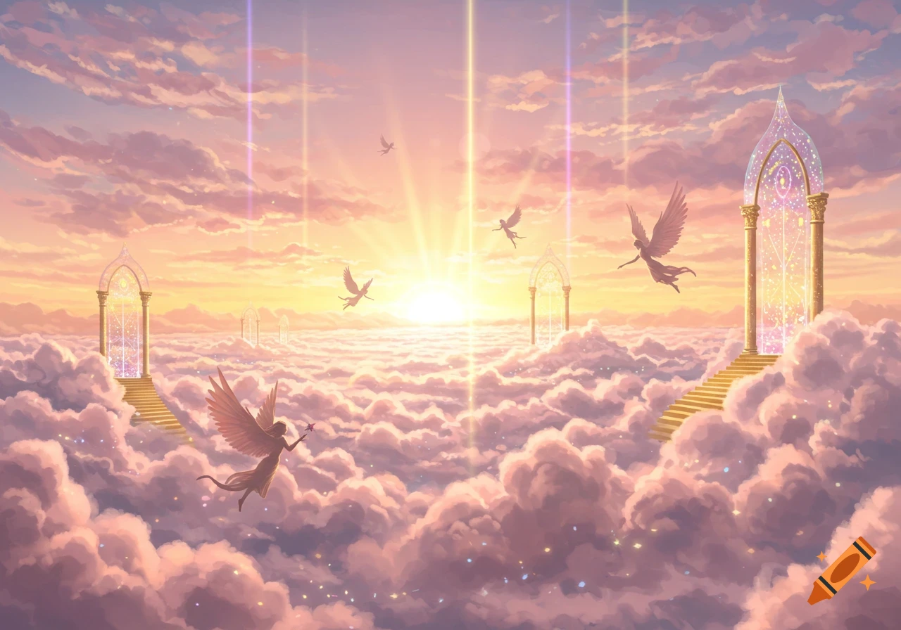 An ethereal fantasy scene depicts angels flying over a sea of clouds at sunset, with glowing golden gates and light beams.