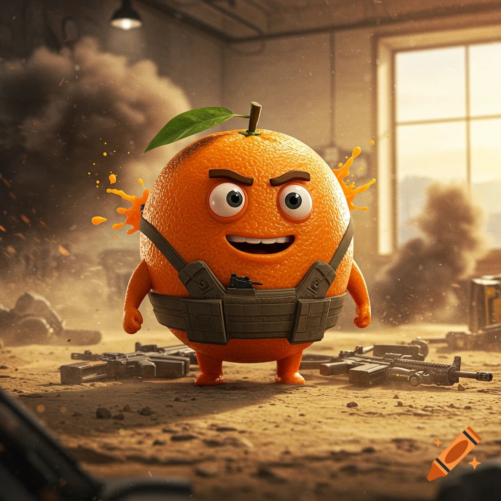 A cartoon orange wearing tactical gear with juice splattering, standing in a dusty, war-torn environment with weapons on the ground.