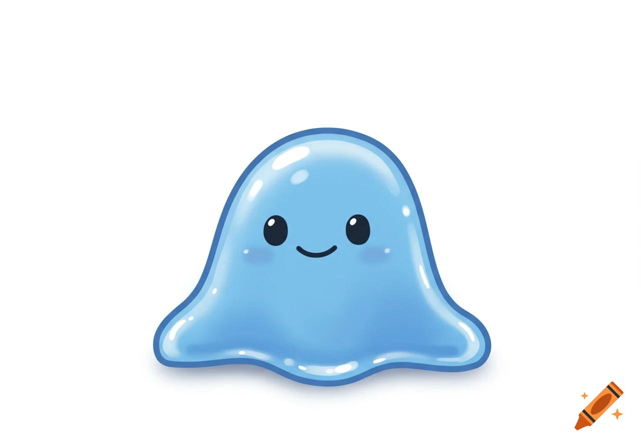A cute, glossy light blue blob cartoon character with a happy face on a white background.