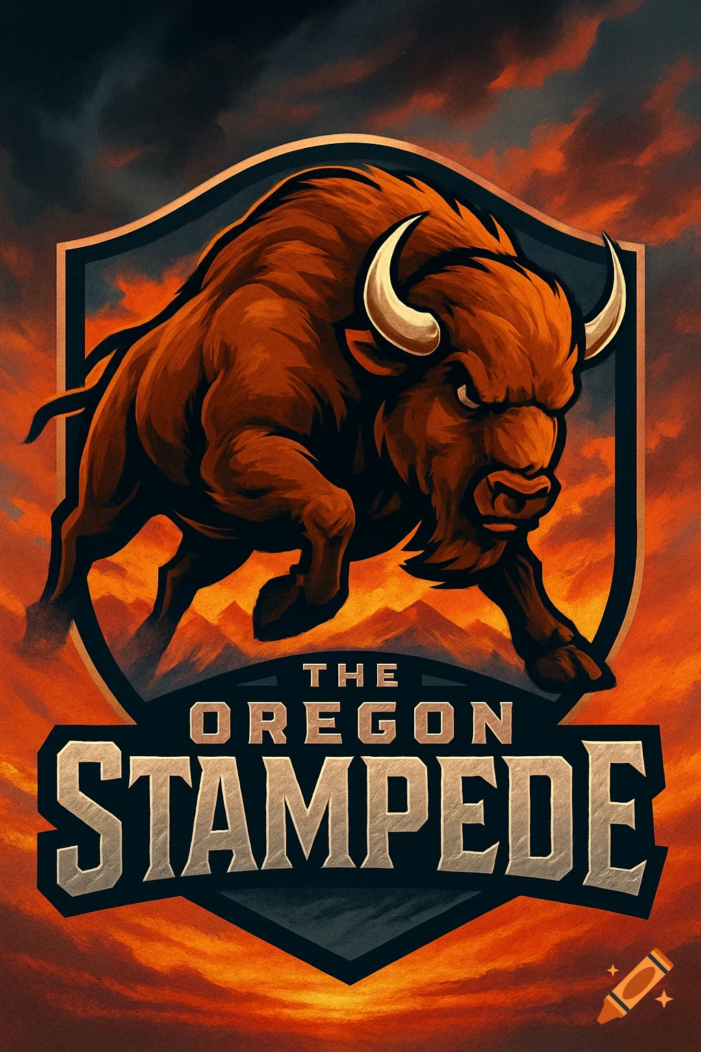 A stylized logo features a charging brown buffalo inside a shield, with "THE OREGON STAMPEDE" text below, against a fiery sky.