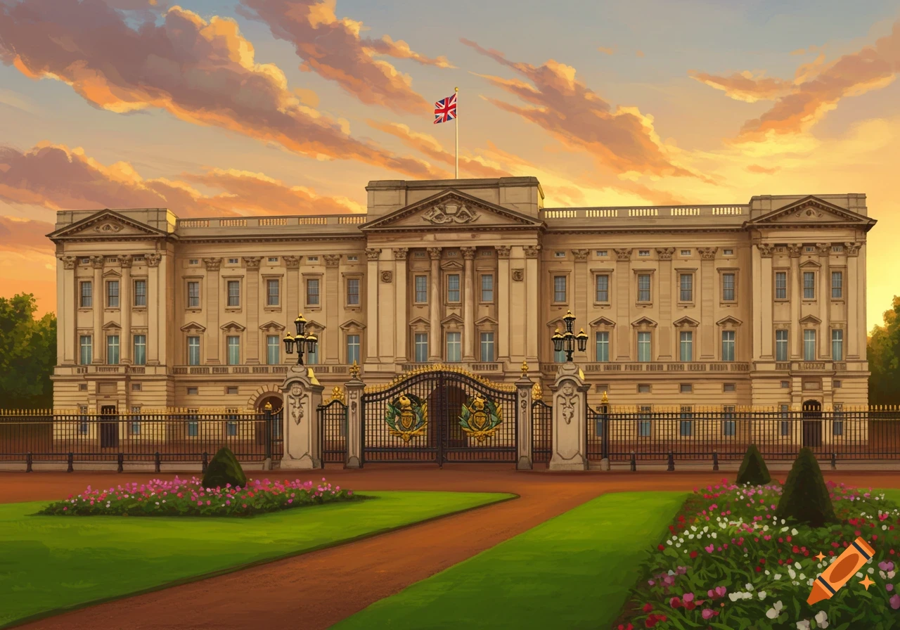 Stylized Buckingham Palace at sunset, Union Jack flying. Ornate gates, green lawns, and colorful flowerbeds.