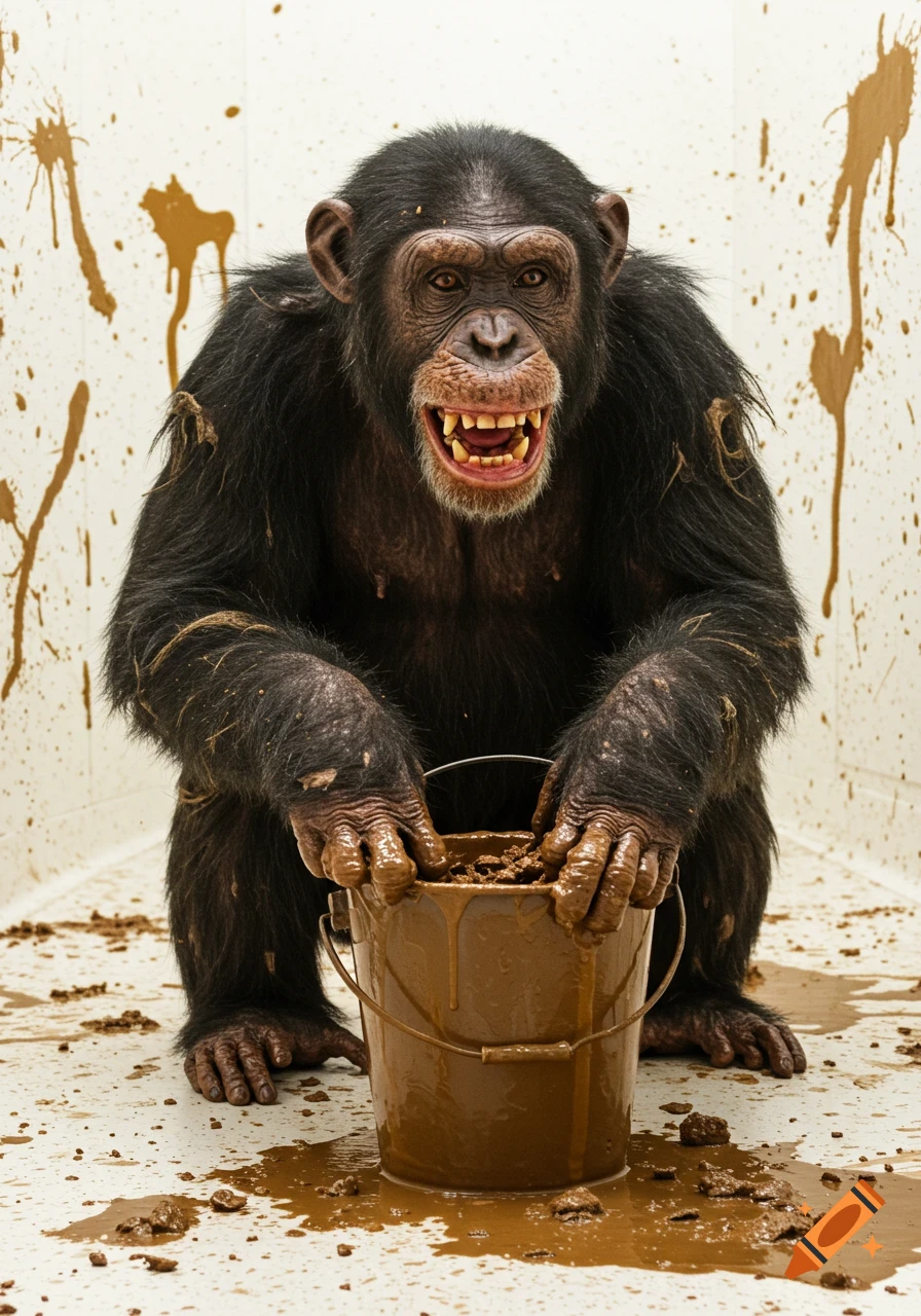 Photorealistic image of a ferocious chimpanzee covered in mud, holding a mud-filled bucket in a splattered white room.