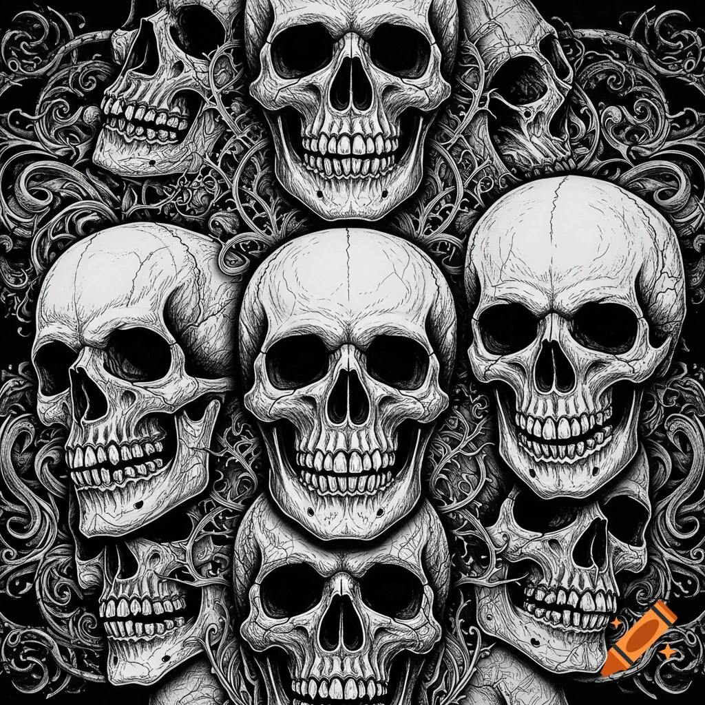 A detailed black and white drawing featuring a dense arrangement of human skulls intertwined with gothic scrollwork.