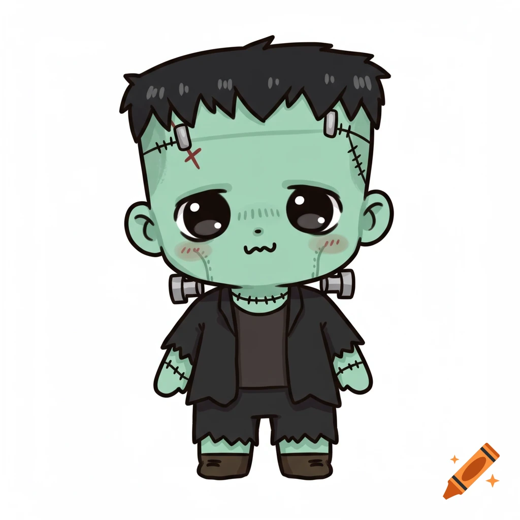 A cute chibi Frankenstein's monster with green skin, black hair, stitches, and neck bolts, against a white background.