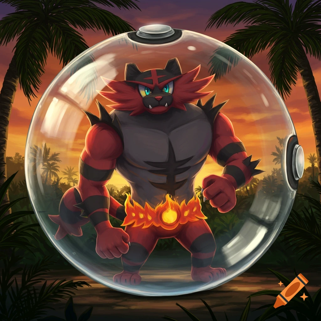 A muscular Incineroar, a red and black tiger-like Pokémon, stands inside a clear hamster ball in a jungle at sunset.