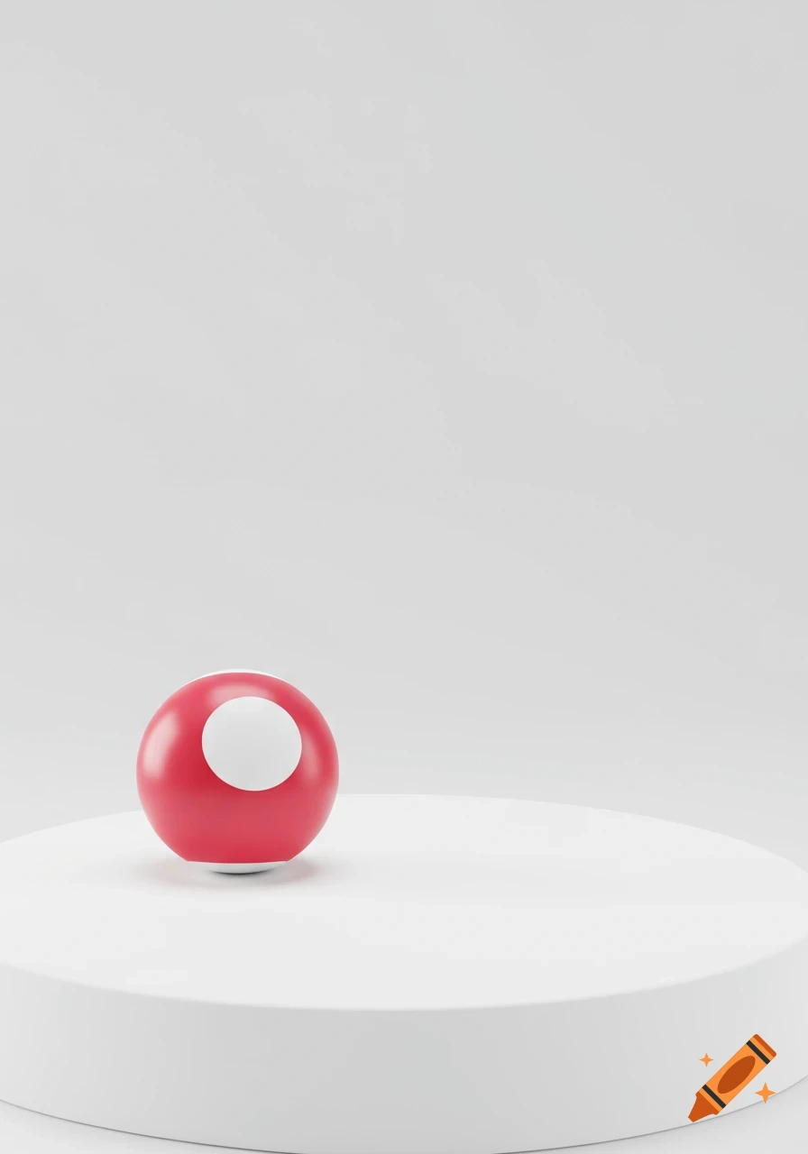 A red sphere with a white circle sits on a white cylindrical pedestal against a plain white background in a 3D render style.