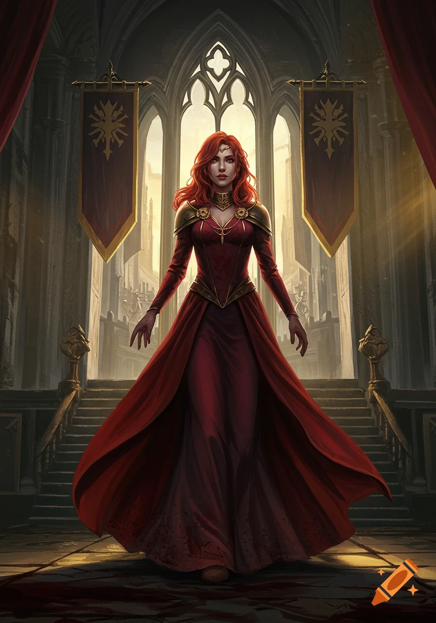 A red-haired woman in a flowing red dress and golden armor stands in a grand gothic hall with blood on the floor.