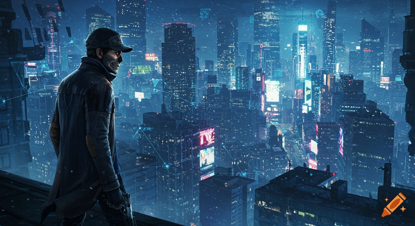 A masked figure in a cap and trench coat stands on a rooftop, overlooking a vast, neon-lit futuristic city at night, with snow falling.