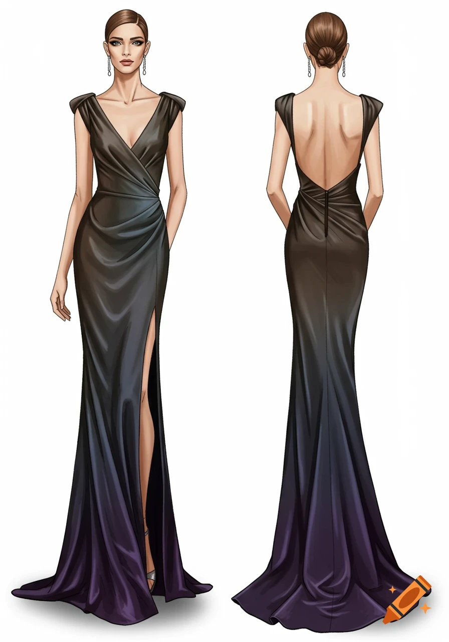 Fashion illustration of a woman in a black and purple ombré elegant evening dress with a deep V-neck, high slit, and open back.