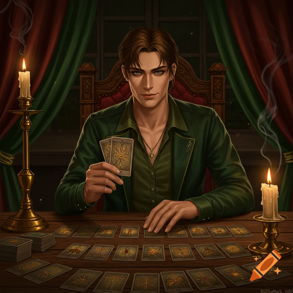 A handsome man with dark hair and striking eyes holds two tarot cards, seated at a table with many other cards spread out, flanked by lit candles. The scene has a dark, mystical fantasy art style.