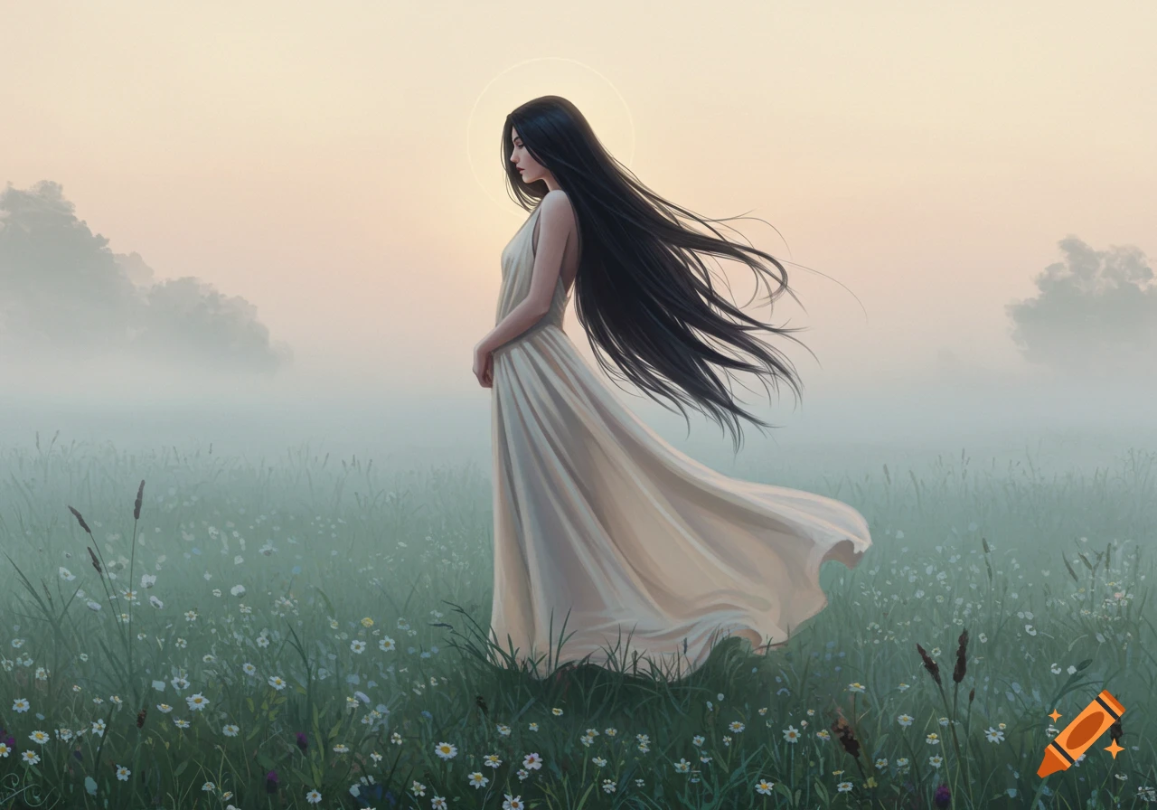 A woman with long dark hair and a flowing white dress stands in a misty field of wildflowers at dawn, with a subtle halo.