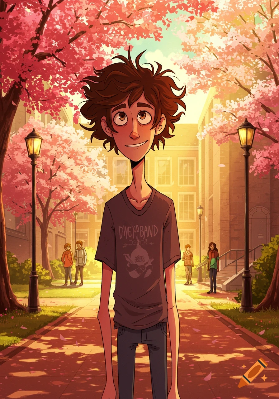 Anime-style illustration of a tall, messy-brown-haired young man with a lopsided grin, standing in a cherry blossom-filled park or campus with buildings in the background.