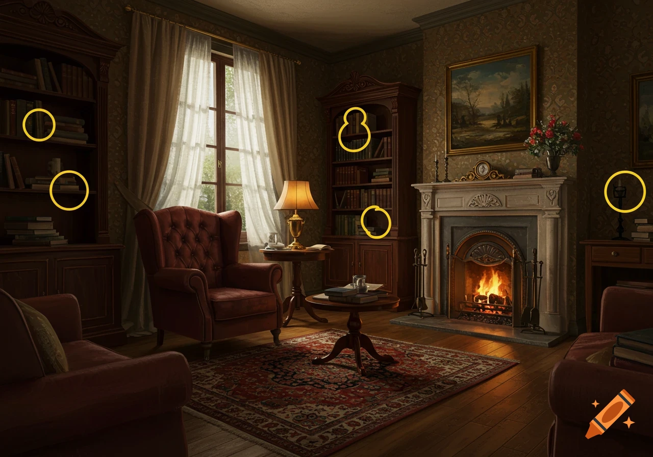 A classic, warm room with a fireplace, two armchairs, a rug, and several dark wood bookshelves filled with books. A large window with sheer curtains brightens the background.