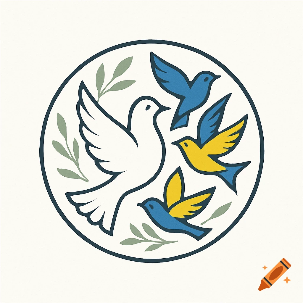 A circular logo featuring a white dove, smaller blue and yellow birds, and green olive branches on an off-white background.
