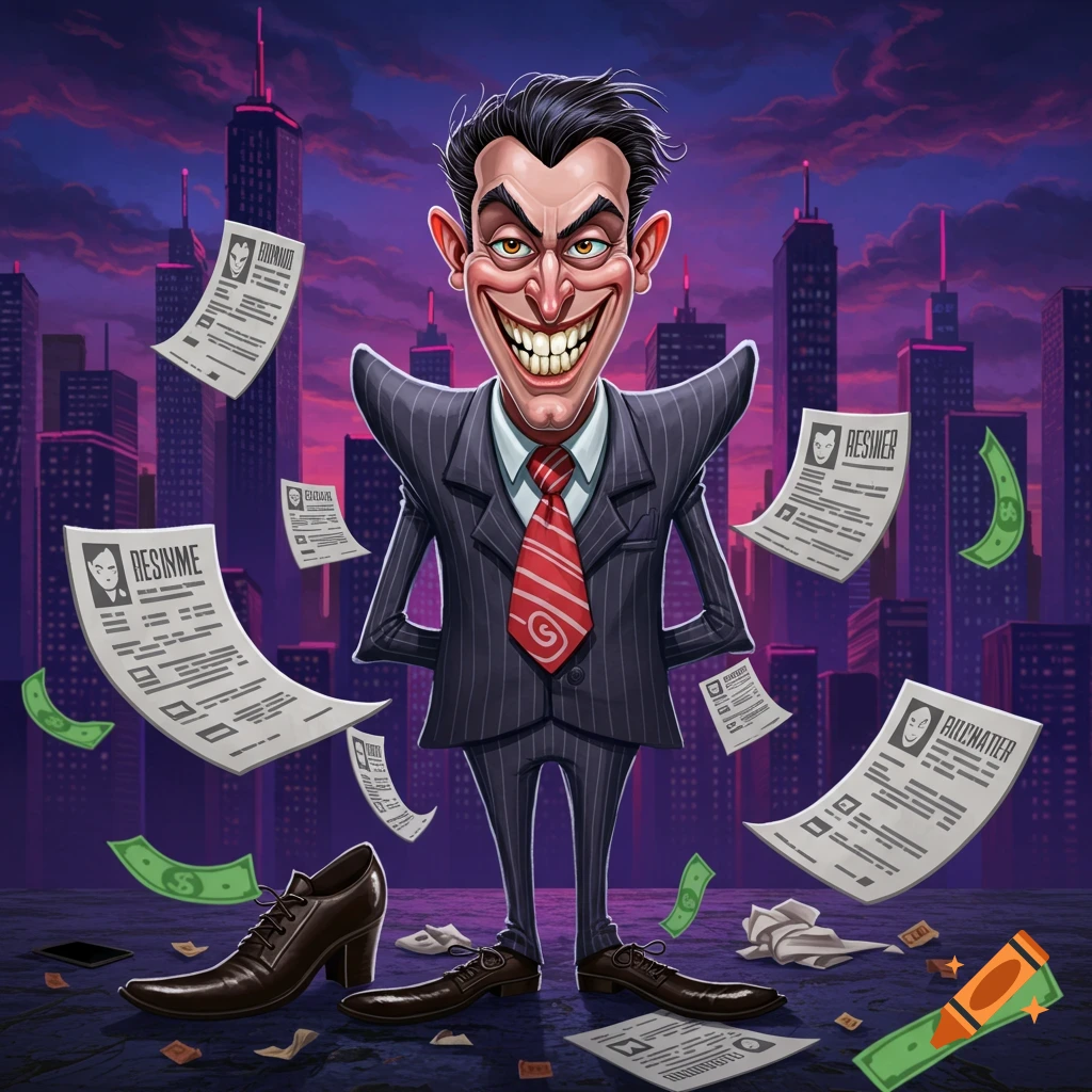 A sinister cartoon businessman in a pinstripe suit grins, surrounded by flying resumes, money, and city skyscrapers at night.
